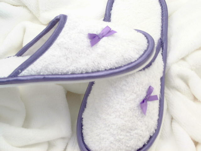 Towelling Washable Slippers with Lilac Trims